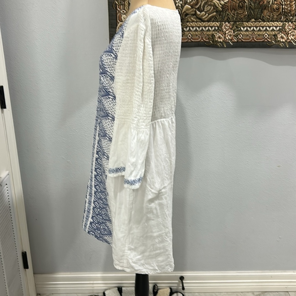 BILLABONG White Cotton Dress/Cover With Blue Design Print. Size L - Picture 5 of 13